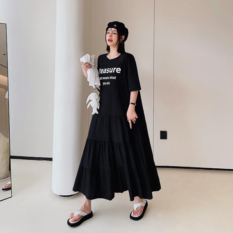 Oversized Black T-Shirt Long Skirt Midi Dress Summer Plus Size Splice Short Sleeve Female Loose  Robe Casual Vestidos Clothing
