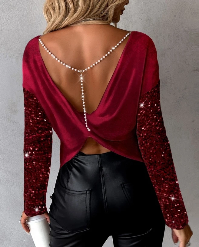 Fashion Woman Blouse Spring Contrast Sequin Pearls Strap Backless Twisted Casual Plain Round Neck Long Sleeve Top Y2K Clothes