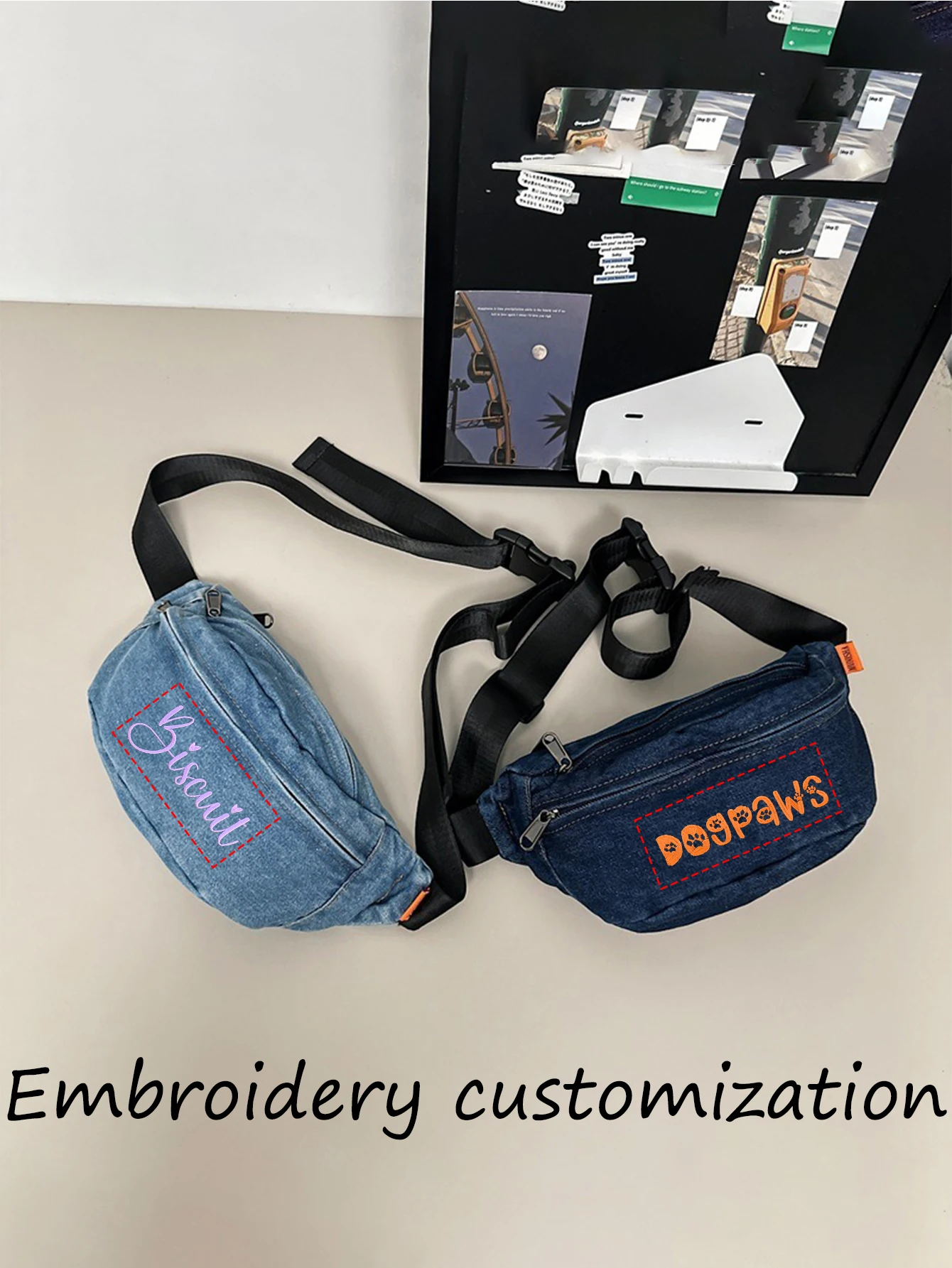 (Please private message customer service) Embroidery graphic DIY customization, denim waist bag