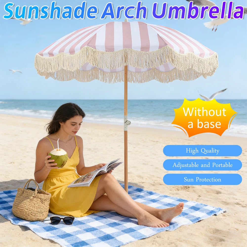 

Пляжный зонт в полоску с бахромой в богемном стиле, с защитой от солнца UPF50+, с наклонной штангой, портативный, для бассейна, сада, двора