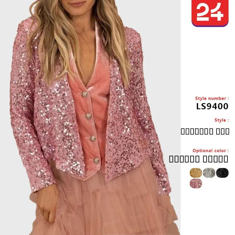 

Faionable Color Blo Sequin ort Casual Women's Jaet Spring Ladies Outerwear Brit Sle Slim Fit Long Sve Suit Coat
