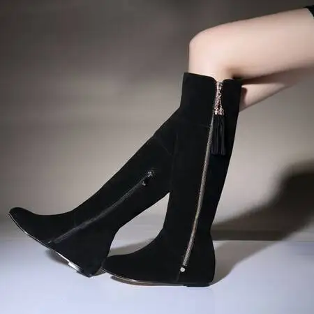 Winter Thigh High Shoes Women Genuine Leather Platform Wedges Over The Knee High Boots Female Pointed Toe High Heel Oxfords Shoe