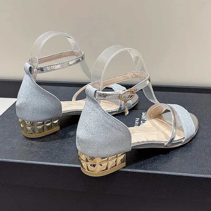 Sandales Romaines à Talons Bas pour Femme, Chaussures de Luxe Chic et Élégantes, de Styliste, Sexy, pour Soirée et Mariage