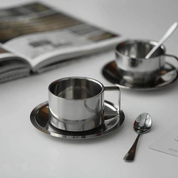 더블 레이어 내열성 커피 컵 세트, 스테인레스 스틸 티컵, 플레이트 및 스푼 포함, 180ml, 200ml