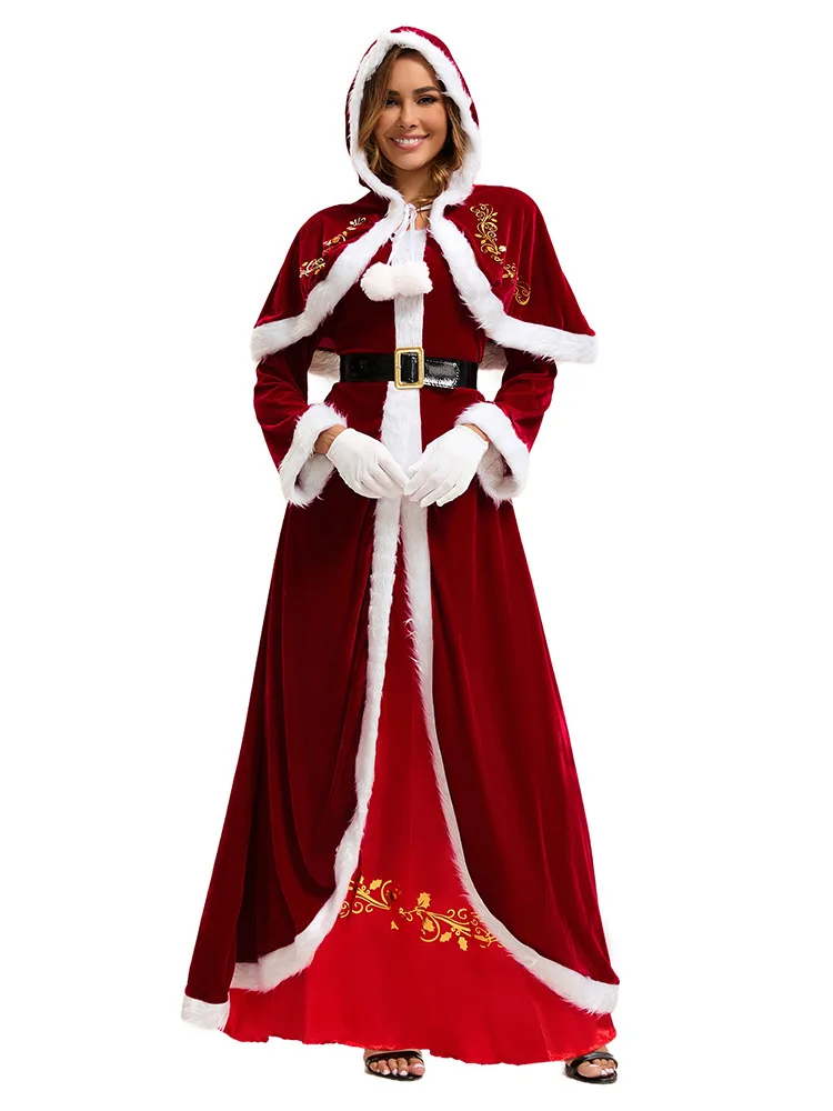 

Women's Red Christmas Santa Role Play Costume with Hooded Shawl Long Robe Christmas Theme Party Wear