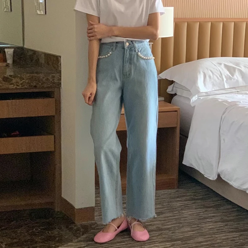 

High Waist Straight Leg Jeans Women's Long Pants Tear Design Pearl ket Detail Chic Versatile Retro Sle Summer Denim