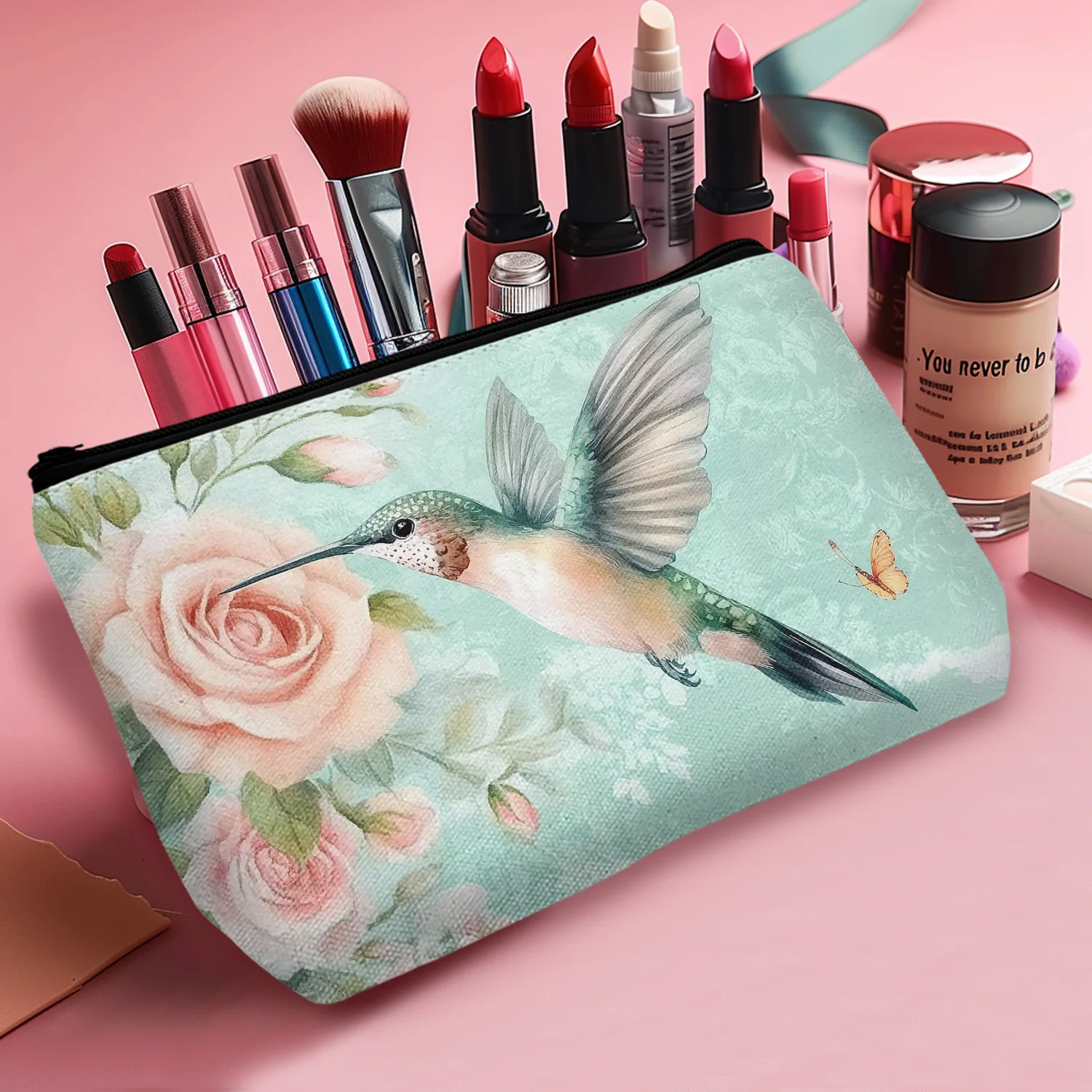 1Pc Cute Green Hummingbird Cosmetic Bag With Elegant Flowers And Zipper Portable Women'S Cosmetic Bag The Best Gift For Friends