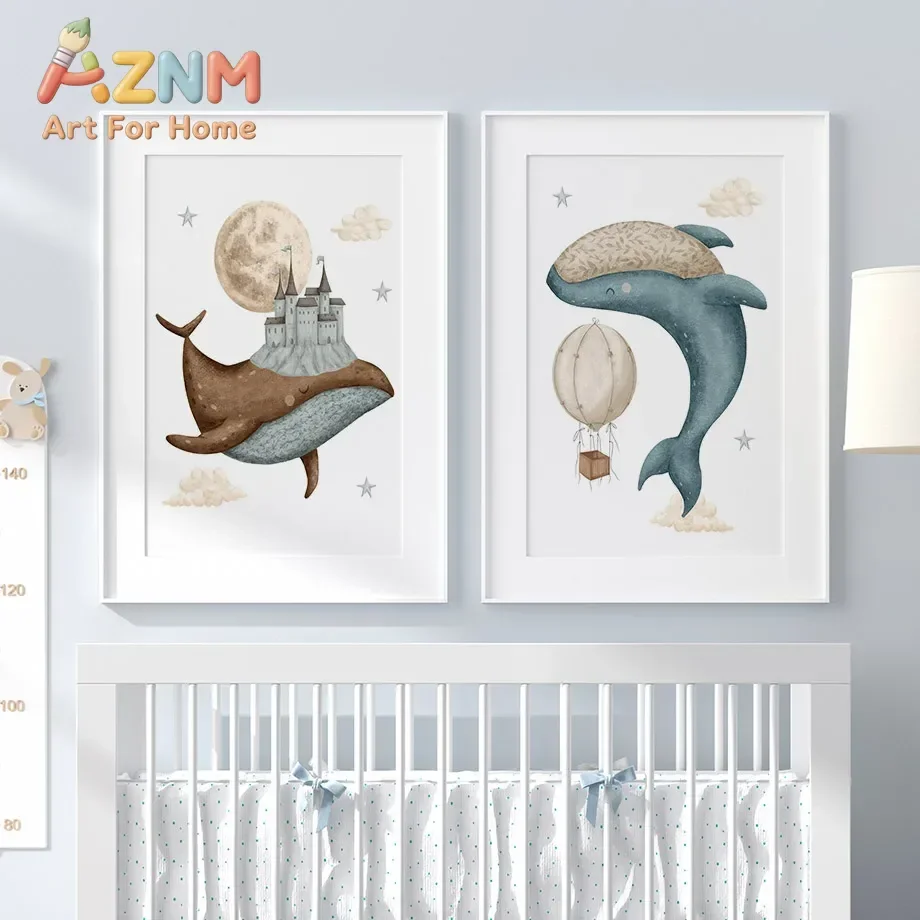 AZNM Watercolor Fantasy Adventure Canvas Wall Art Hot Air Balloon Whale Turtle Castle Print Poster for Kids Nursery Bedroom Home