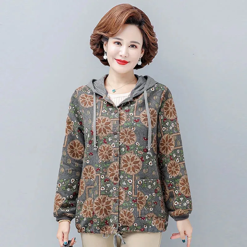 Spring Autumn Short Jacket Women 2023 New Loose Drawstring Hooded Coat Fashion Print Leisure Single-Breasted Outerwear Female