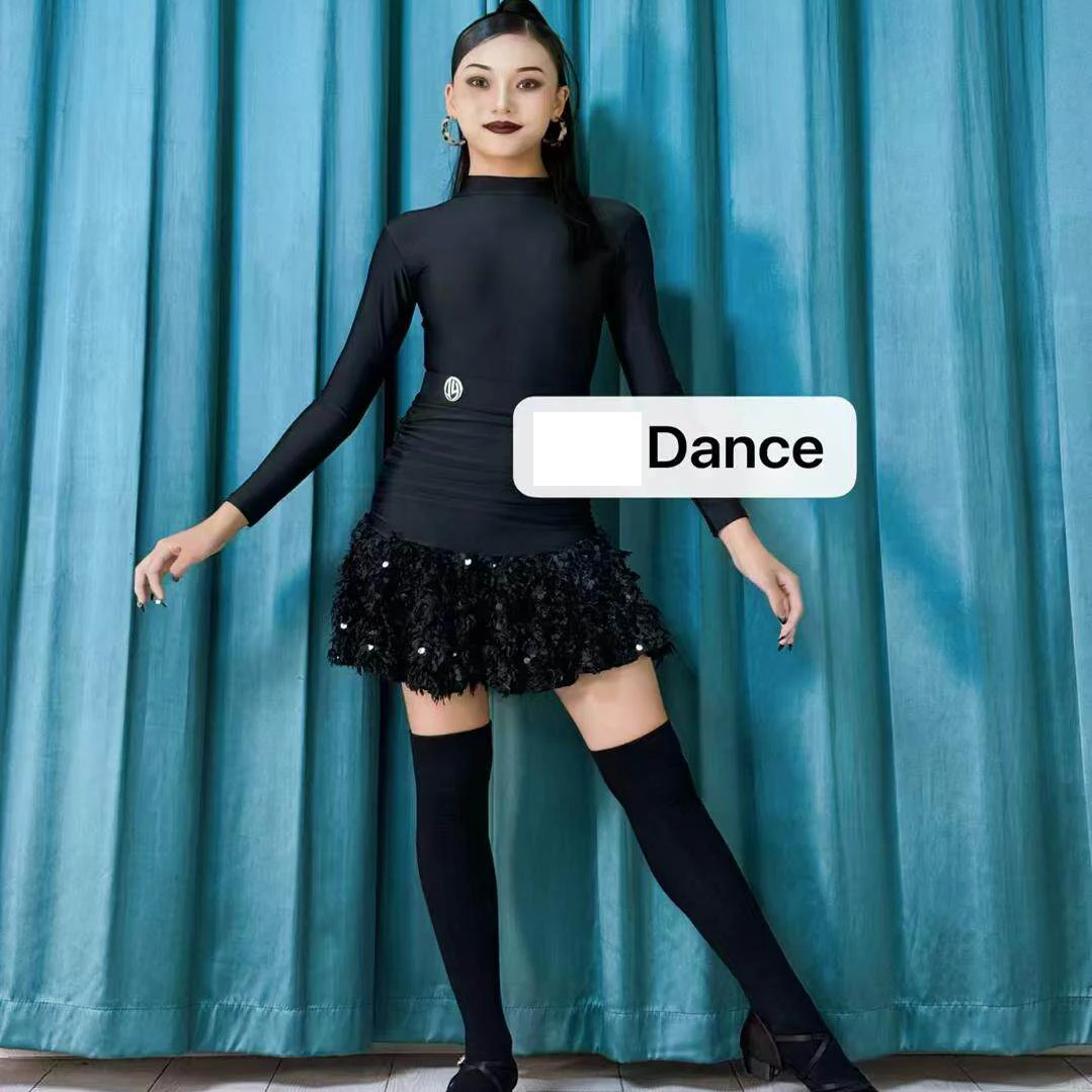 2026 Children Latin Dance Performance Costumes For Girls Black Tops Sequin Skirts Suit Chacha Rumba Latin Dance Wear DQS21932