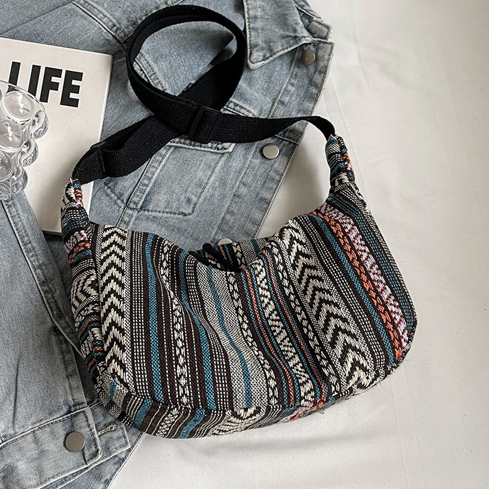 Women's Handbag and Crossbody Bag, Tribal Style Shoulder Bag, Foldable Crossbody Bag with Striped Pattern, Flag Theme, Washable, Painted Edge Lining