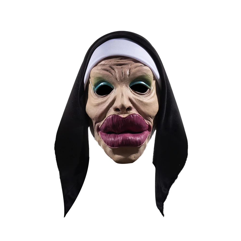 Funny Sexy Big Lips Nun Mask Cosplay Full Head Masks with Headscarf Halloween Carnival Party Costume Props
