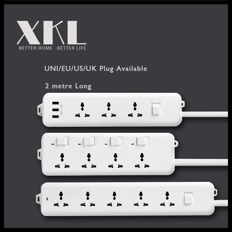 Universal Socket Power Strip with USB Charging Ports US Plug EU UK 2500W Home Office Electrical Extended Adaptors 3 Metre Travel