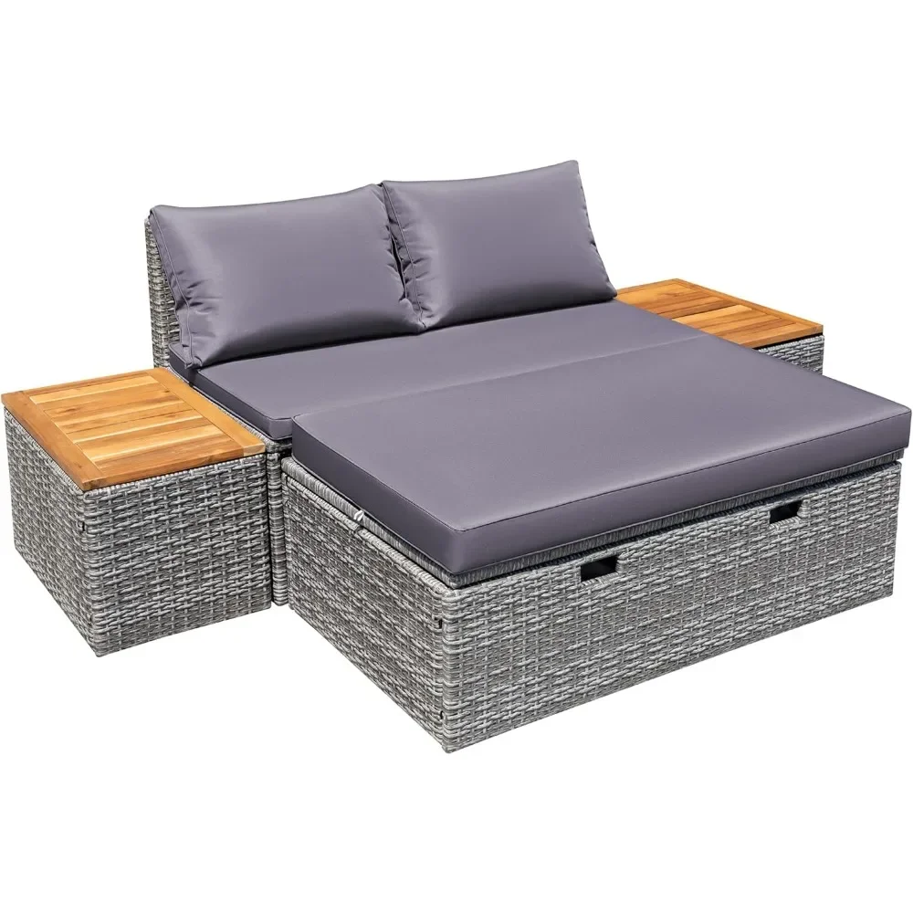 

Patio Day Bed with 2 Side Tables Outdoor Daybed Set MultifunctionalRattan Lounge Bed for Backyard Porch Poolside Lawn Bea