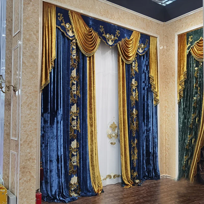 European Palace Luxury High-grade Sapphire Blue Curtain Cloth for Living Room Bedroom Finished Thickened Blackout Velvet Fabric