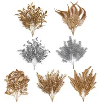 Christmas Artificial Flower Golden Silver Fake Flower Leaves Plastic Plants DIY Wedding Bouquet Table Home Decoration Photo Prop