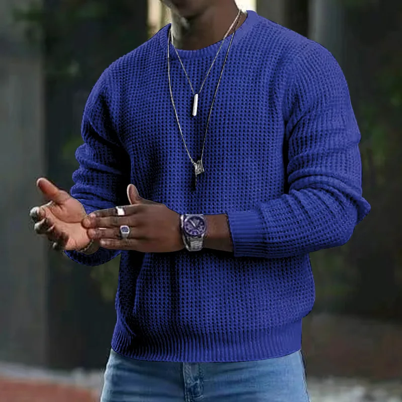 

New Autumn and Winter Cotton Sports Men's Solid Color Wfle Round Neck Pullover Sweater Trend