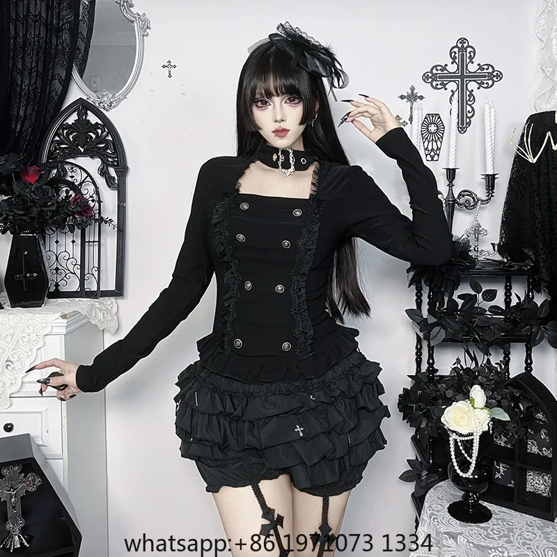 Goth Dark Subculture Lolita Mesh Trim Buckle Tops Mall Goth Punk Slim Long Sleeve Top Y2K 90s Pullover Alt T-shirts Halloween