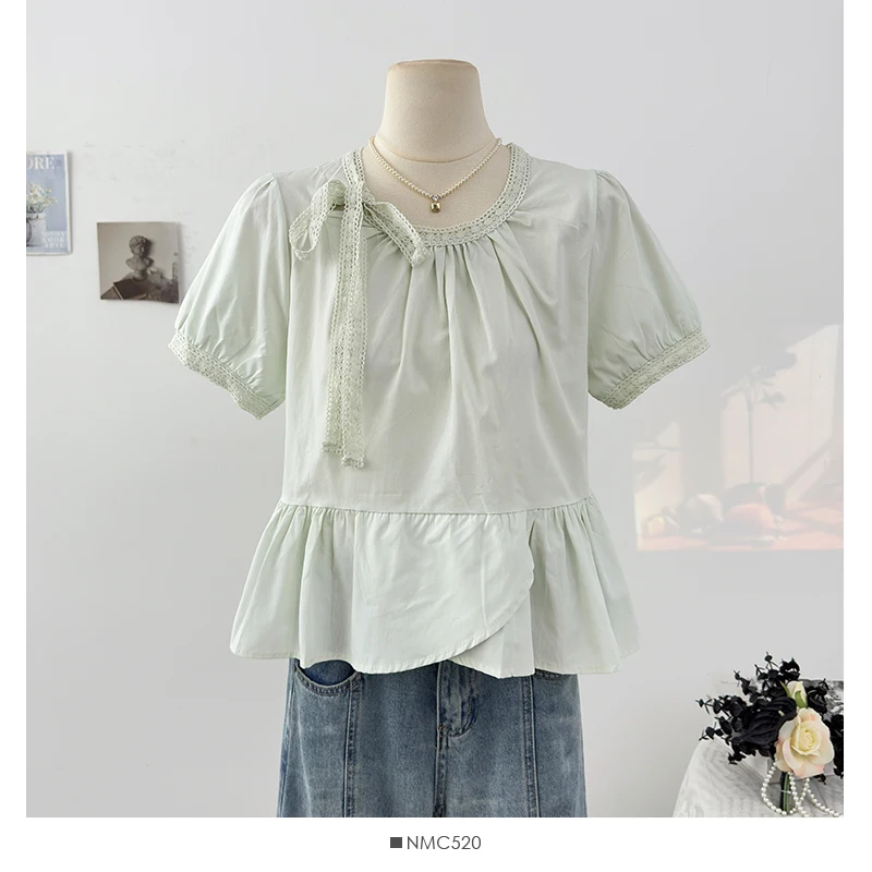 

Korean Version Ruffled Lace Tied Round Neck Short Sleeved Shirt Summer New Sweet Pleated Loose Blouse Solid Chic Tops
