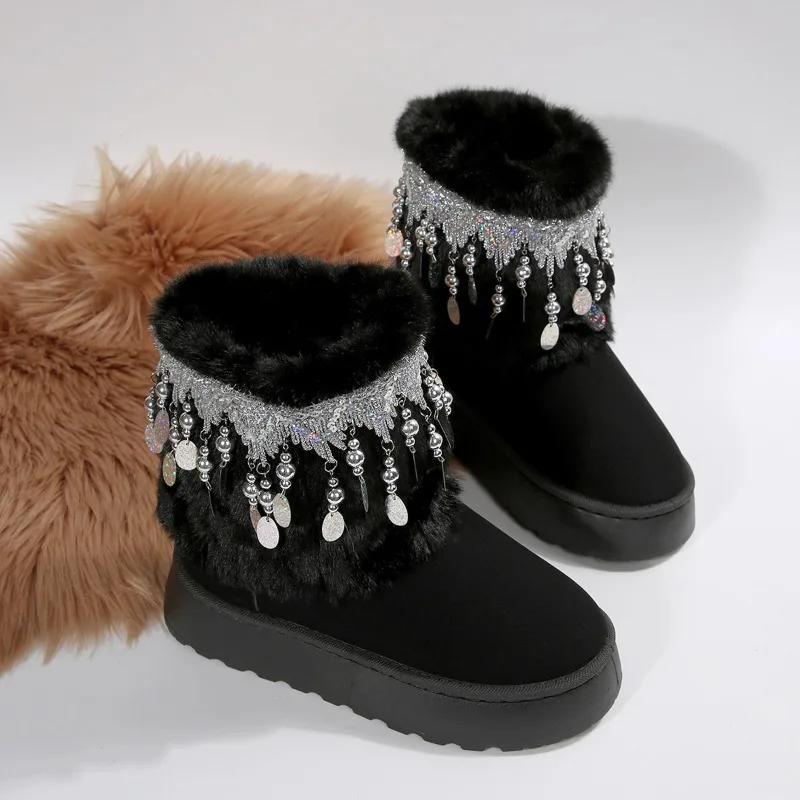 

2025 Golden Tassel Warm Women's Boots Plus Velvet Thick Sole Short Boots Women's Fashion Casual Comfortable Faux Fur Snow Boots