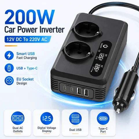 200W Car Power Inverter 12V DC To 220V AC With Dual EU Outlets, Dual USB, Dual Type-C Ports, LCD Display