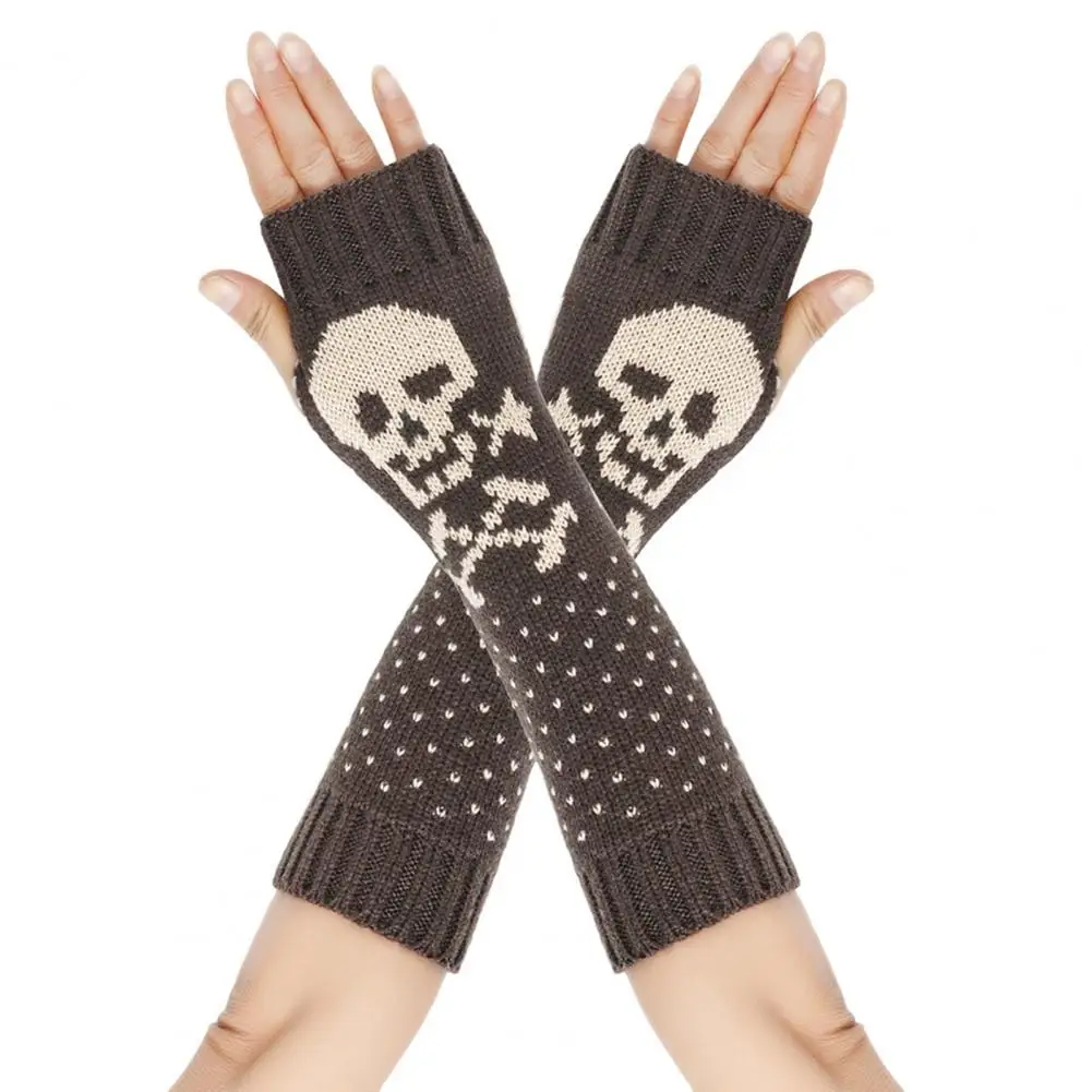 Contrast Color Winter Gloves Skull Print Fingerless Gloves Arm Sleeves Set for Fall Winter High Elasticity Non-slip Windproof