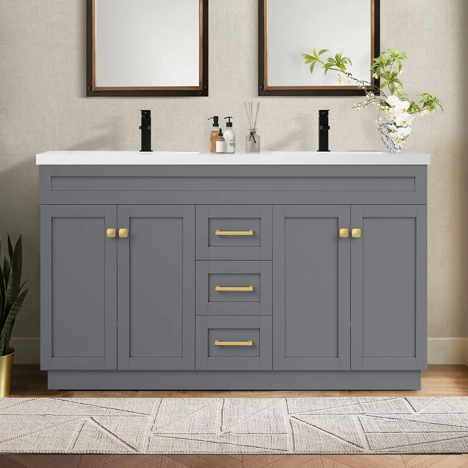 

60 inch Solid Wood Bathroom Vanity with Sink, Grey Painted Surface, 4 Soft Close Doors & 3 Full Extension Drawers, Customized