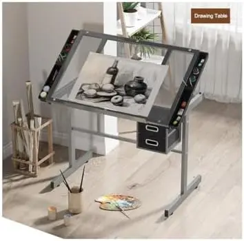 Drawing Desk Adjustable Glass Drafting Study Table for Diamond/Versatile Art Craft Station w 2 Slide Rolling Wheels and
