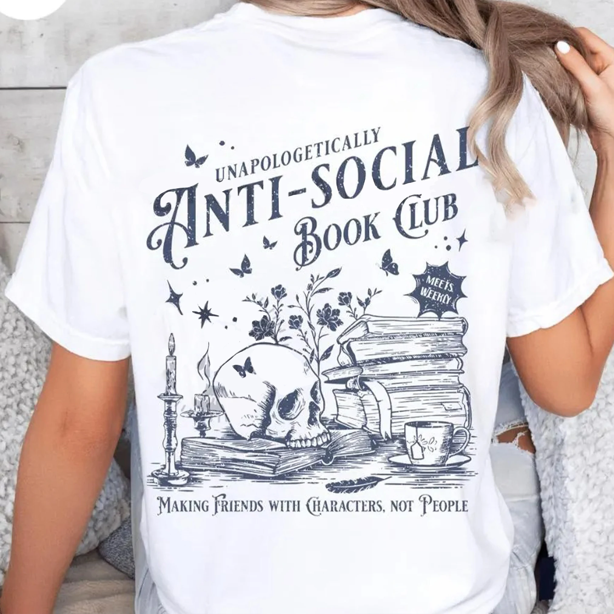 Vintage Anti-social Book Club 2 Sided Comfort T-Shirt for Introverted Romance Reader Distressed Tee Trendy Casual Streetwear - Image 4