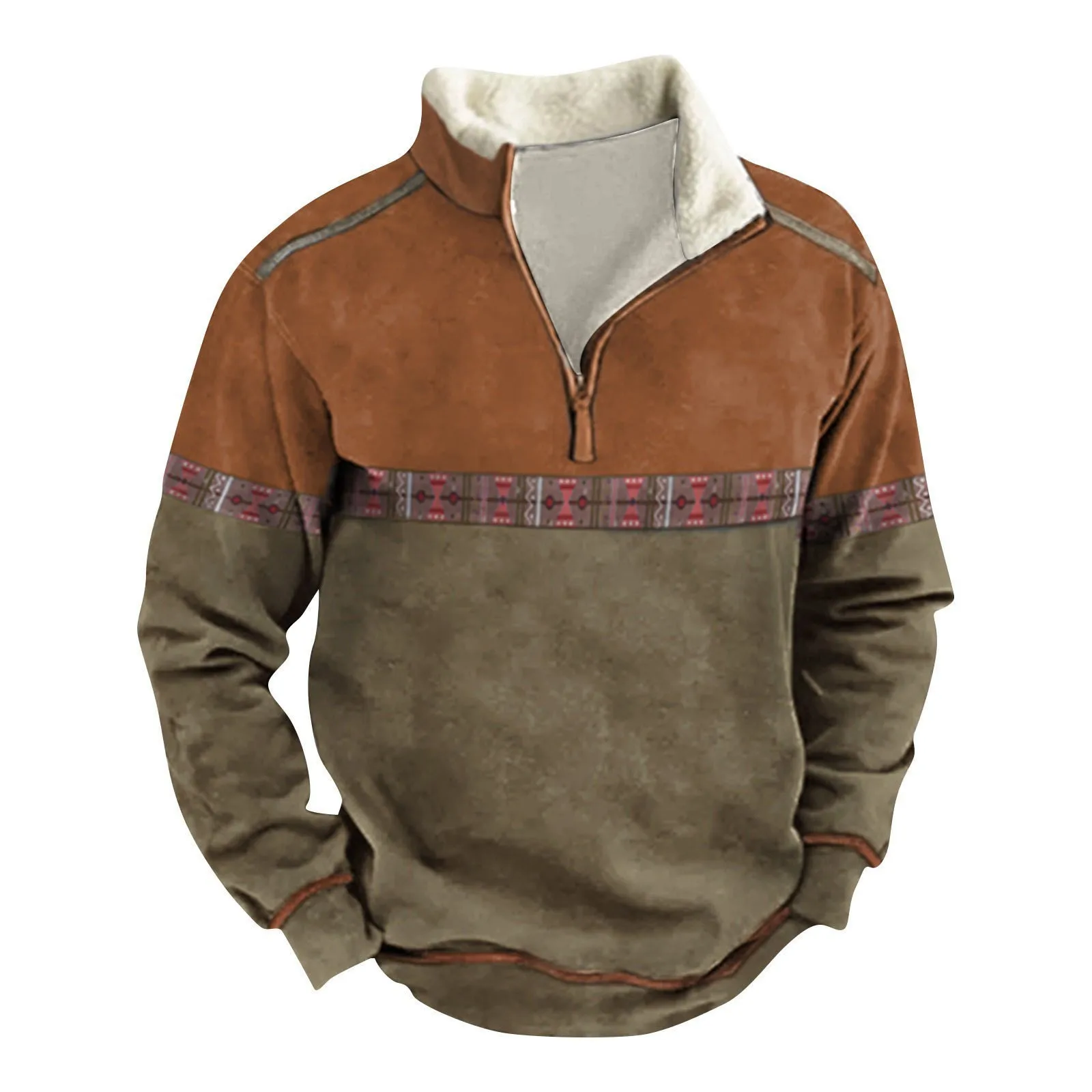 Pulover ritsleting pria, Vintage musim gugur musim dingin lengan panjang Pullover atasan kontras ukuran besar pakaian kerah berdiri kaus hangat