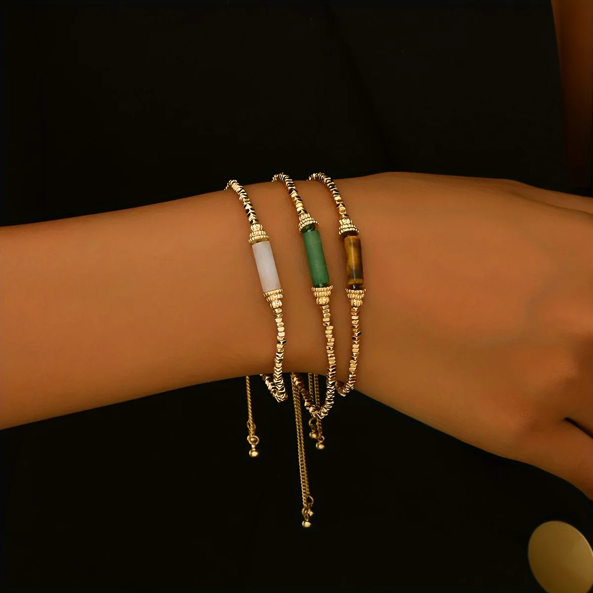 

Lxalry Gold Metal & Earth Tone Glass Bead Bracelet Set, Handmade Adjustable Boho Jewelry Trio, Stackable Festival Gift for Women