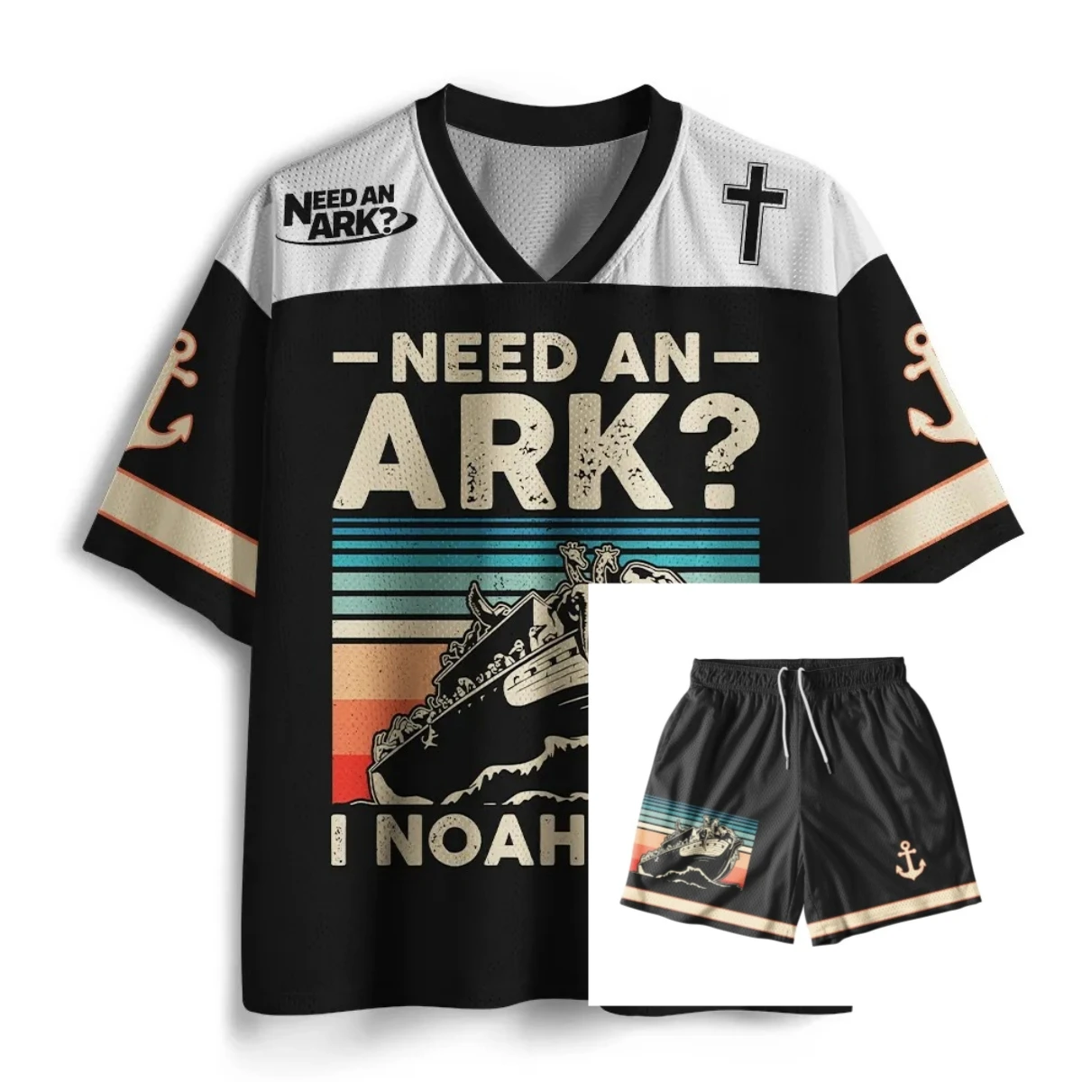 

Humorous Noah's Ark Themed American Football Style Jersey and Shorts Set Summer Men's Casual T-Shirt Set Breathable Quick-drying