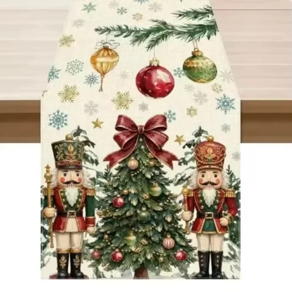 Table Runner Cotton Traditional Christmas Nutcracker Soldier Pine Tree Retro Noel Festival Banquet Decor