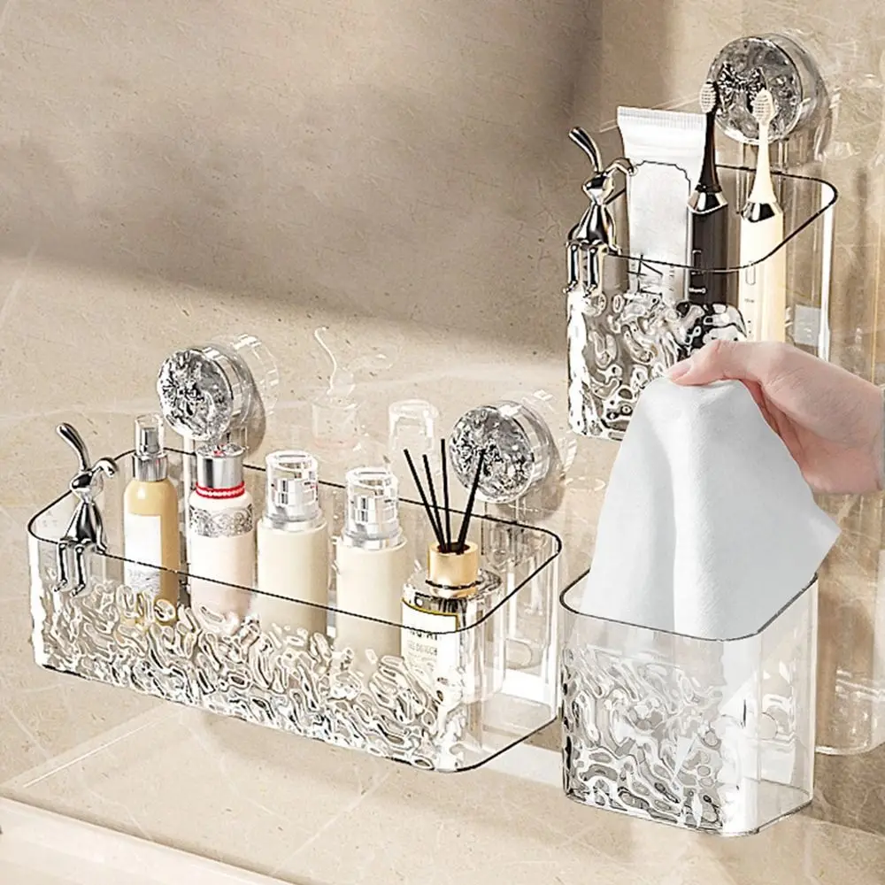 Plastic Shower Suction Cup Shelf Glacier Pattern Transparent Wall Storage Rack Punch Free Draining Basket Holder Bathroom