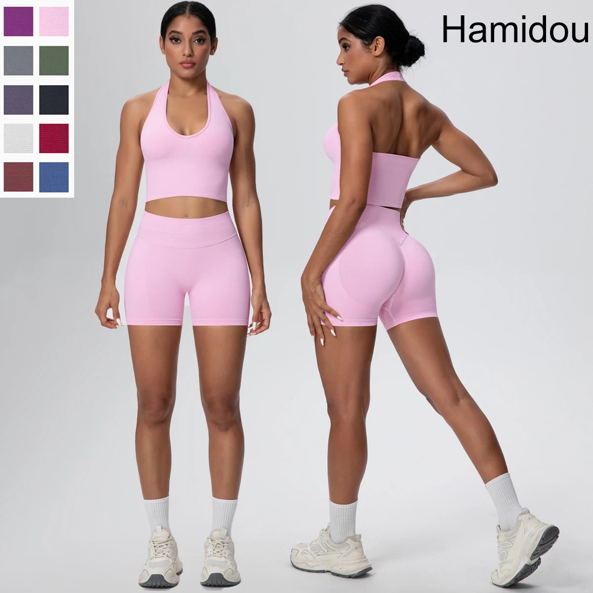 

2Pieces Neck Strap Bra and Sports Shorts Yoga Set for Woman High Waist Hip Push Up Fitness Shorts Summer Gym Workout Yoga Set