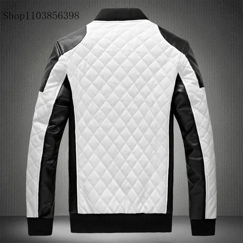 2024 Men Jacket Motorcycle Pu Leather Coat Male Autumn Winter Black White Patchwork Motorcycle Leather Jacket Mens Windbreaker