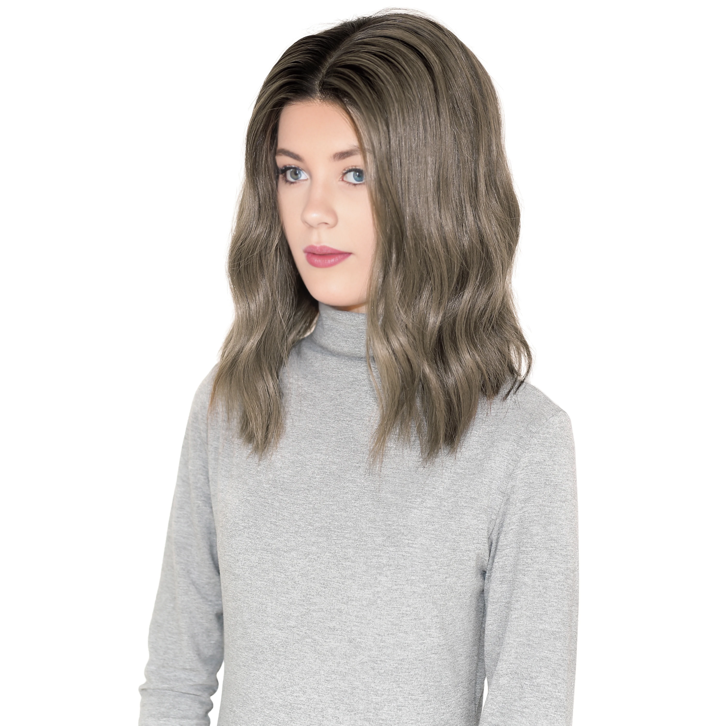 Remy Human Hair Lace Front & Top Wig, Brown Grey Hair Color With Shadow Roots And Luxury Hand Painted  Sombre Human Hair Wig