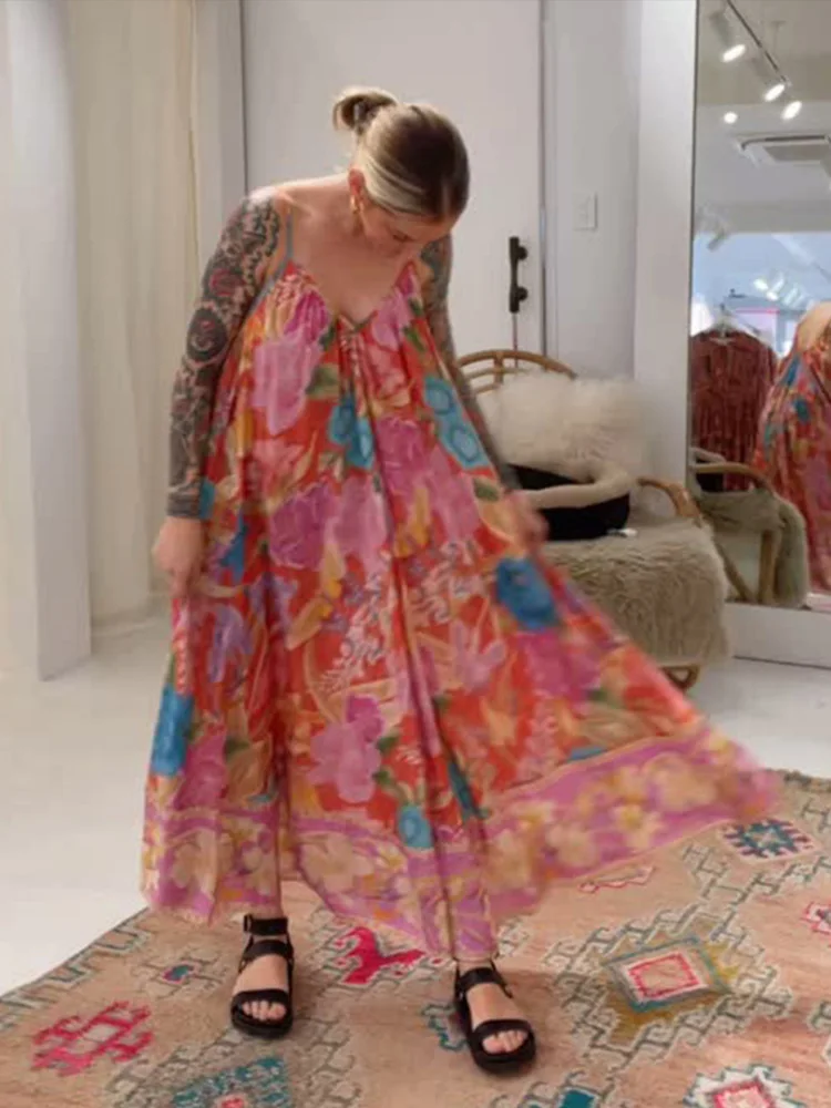 Bohemian Printed Dress Women Vacation Sg A-E Ankle-Length With Belt Dresses Female 2025 Early Spring Boho Casual Lady Robe