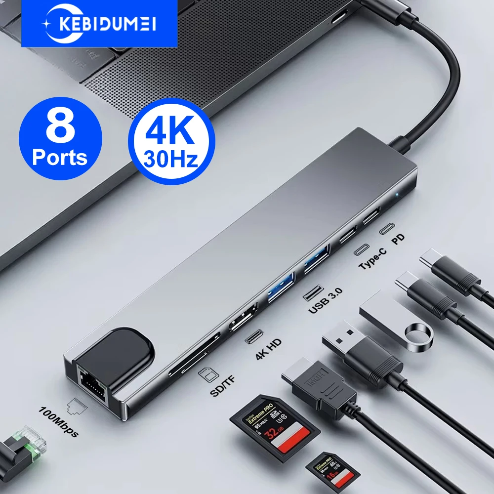 KEBIDUMEI 8-in-1 USB C Docking Station USB C HUB TYPE-C to 4K HDMI Adapter USB 3.0 Hubs 5Gbps High Speed with RJ45 Interface