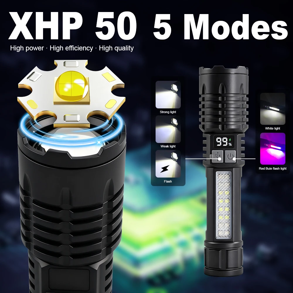 2026 New Winter Product IP65 flashlight 18650 Work 20 Hours 1000LM XHP50 Outdoor Lighting For Rainy Day Halloween Christmas gifs