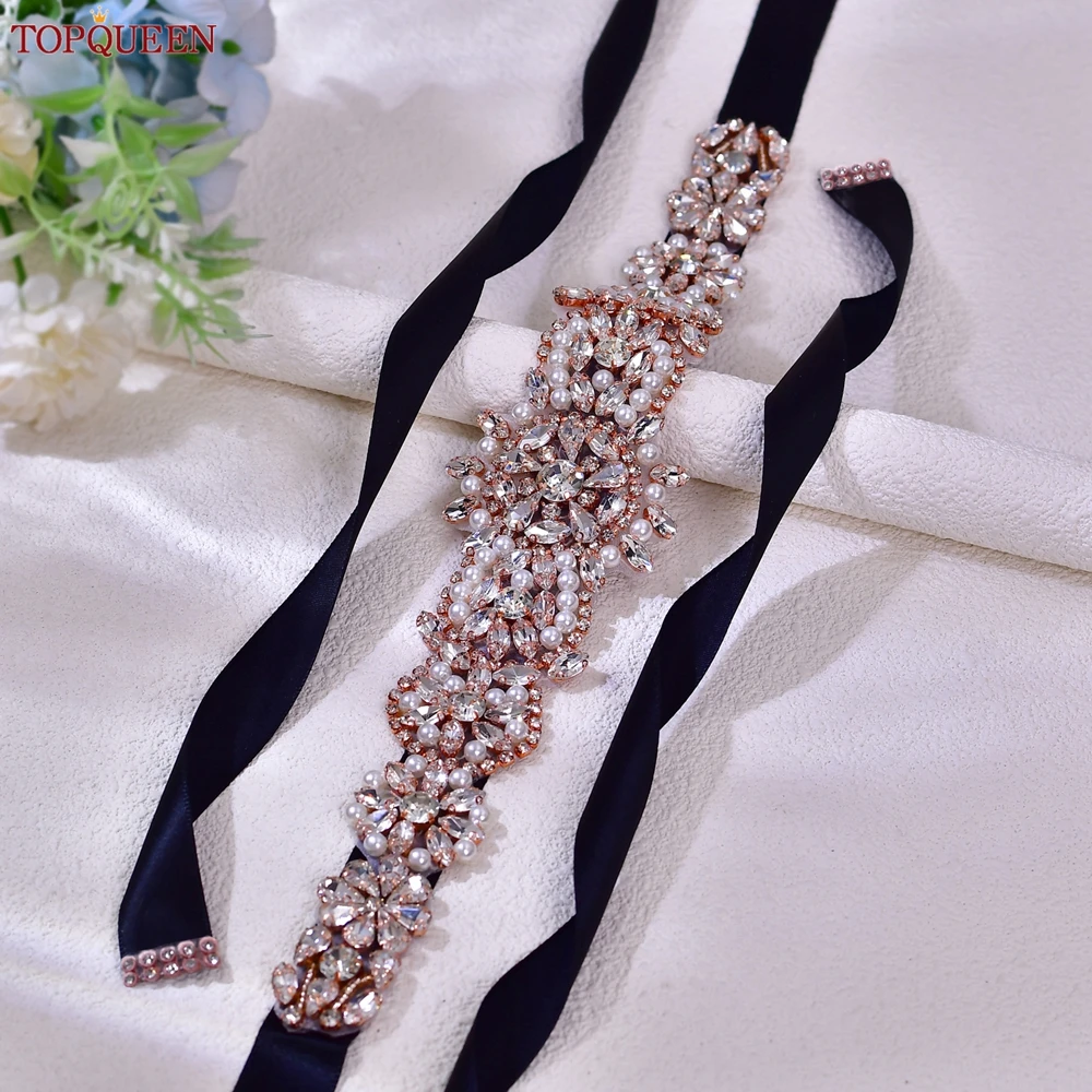 TOPQUEEN-Cinturón de diamantes de imitación para novia, accesorios de boda, apliques de diamantes de oro rosa, vestidos de noche para fiesta, faja, cinturón de dama de honor, S445-RG