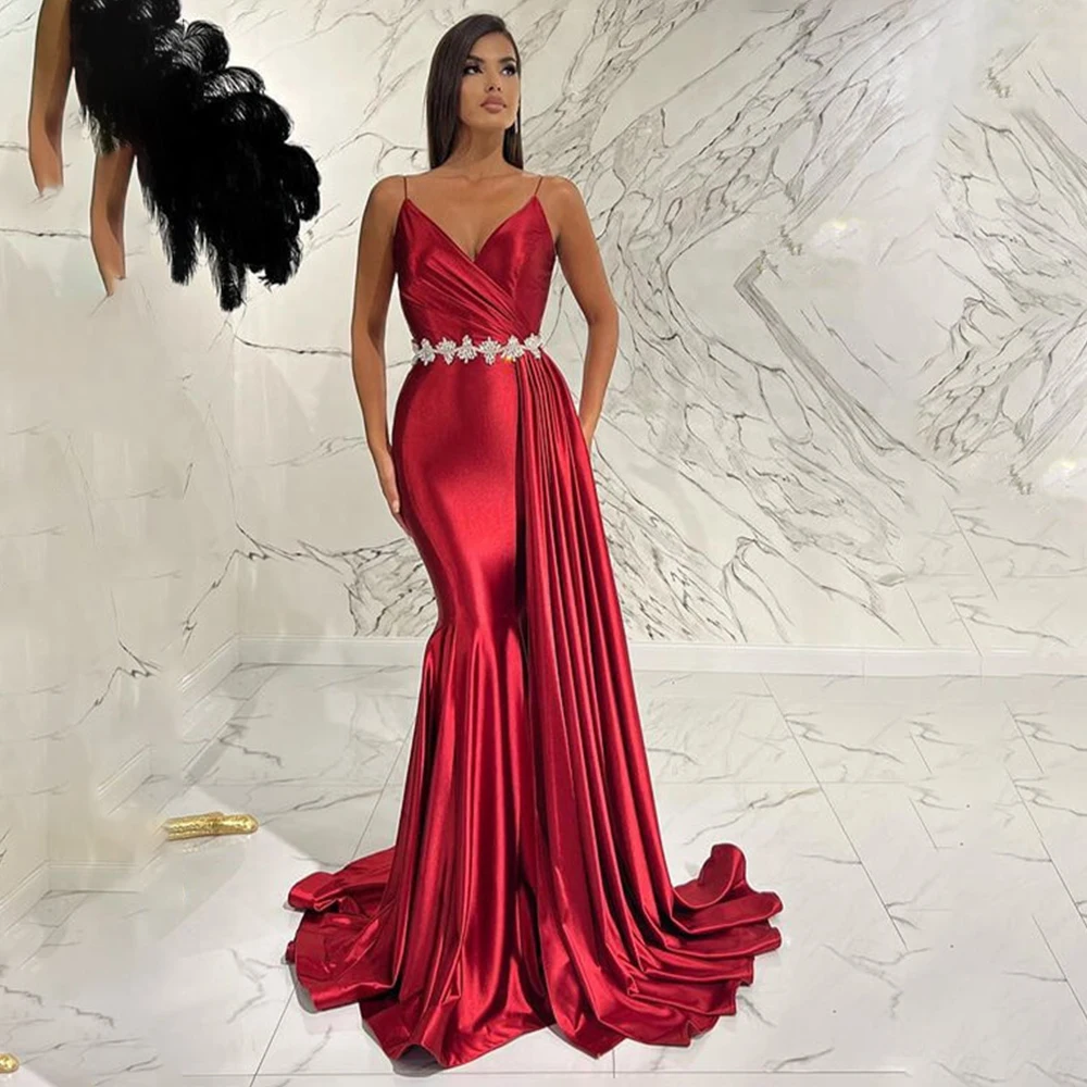 

Custom Made Women's Spaghetti Straps Satin Pleated BridalEvening Gown Long Sweep Train Backless Party Club Dress with Crystal