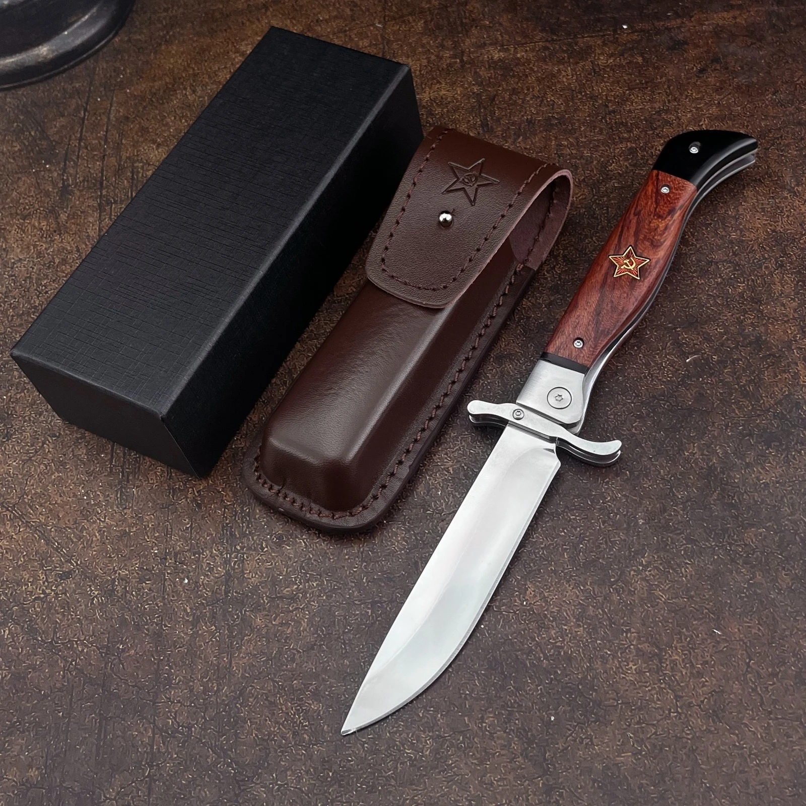 Cuchillo Plegable Ruso NKVD EDC para Caza, Hoja 440c, Mango de Madera, Cuchillo para Camping, Caza y Actividades al Aire Libre con Funda de Cuero