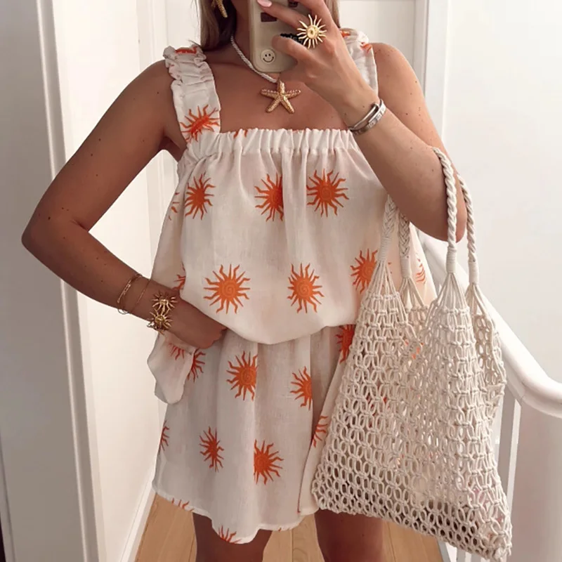 

Женский свободный наряд с элегантным узором и принтом, сексуальный топ без рукавов с открытыми плечами и короткими брюками, модный полый костюм из 2 предметов с открытой спиной