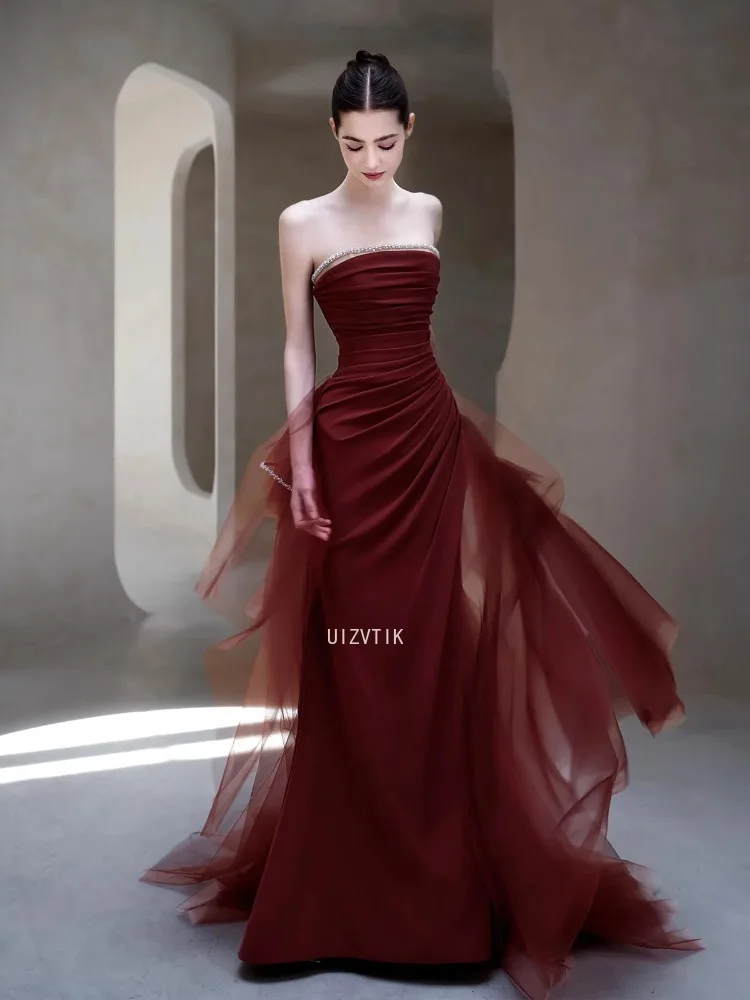 فساتين سهرة بدون حمالات باللون الأحمر الخمري للنساء حورية البحر الفاخرة الخفيفة مع ذيل تول لحفلات الزفاف فستان أنيق للمناسبات الرسمية