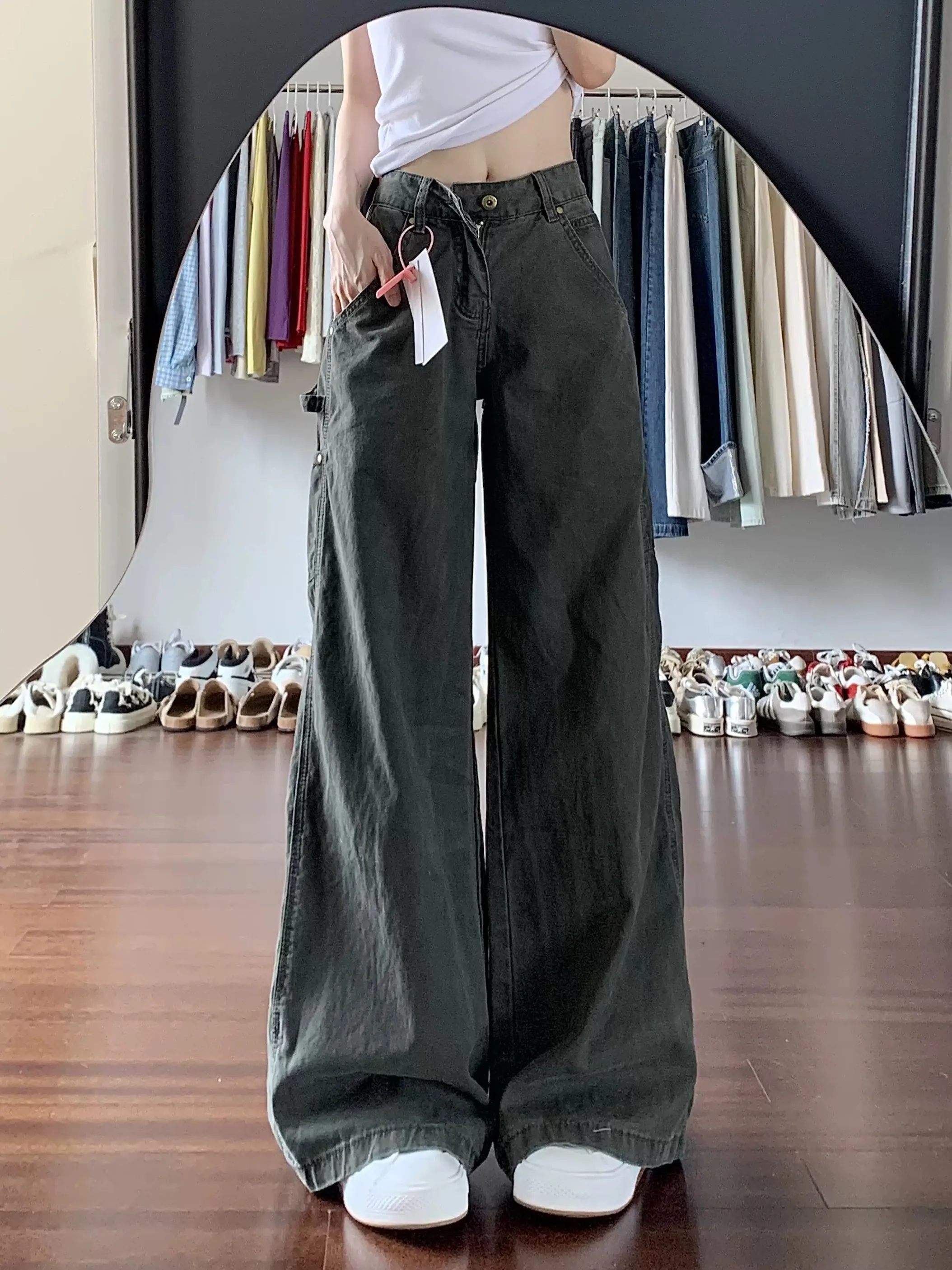 

Autumn Winter Women's Denim Pants Y2K Baggy Army Green Jean Japanese Harajuku Grunge 2000s Simple Straight-leg Korean New In