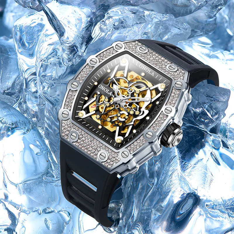Reloj ONOLA para hombres y mujeres, reloj de pulsera de negocios a la moda, relojes mecánicos impermeables de lujo informales huecos cuadrados automáticos