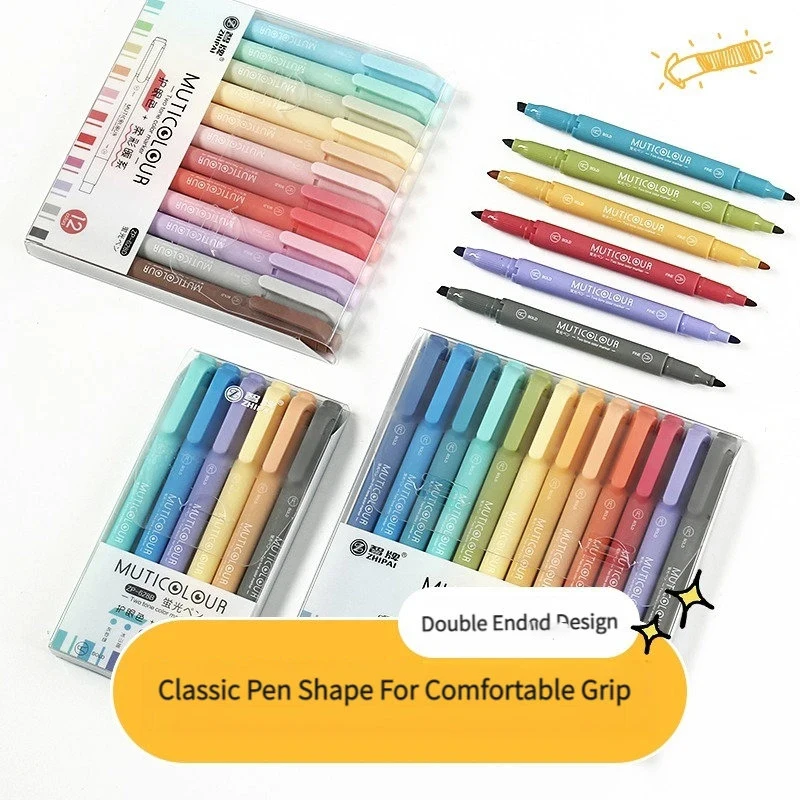 24 Colors/set Morandi Retro Double Headed Highlighter Pen Vintage Fluorescent Pens Set Student Drawing Markers Stationery