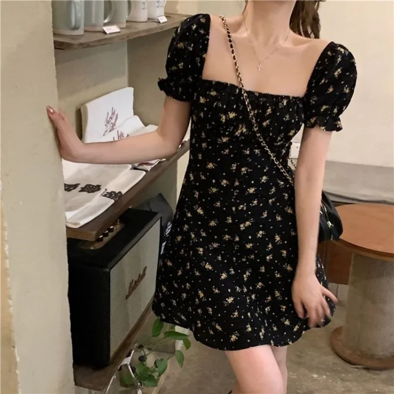 Women Summer Floral Dresses New Simple Casual Square Collar Puff Sleeve Split Dresses Elegant Cottagecore Dress Sweet Chic Dress