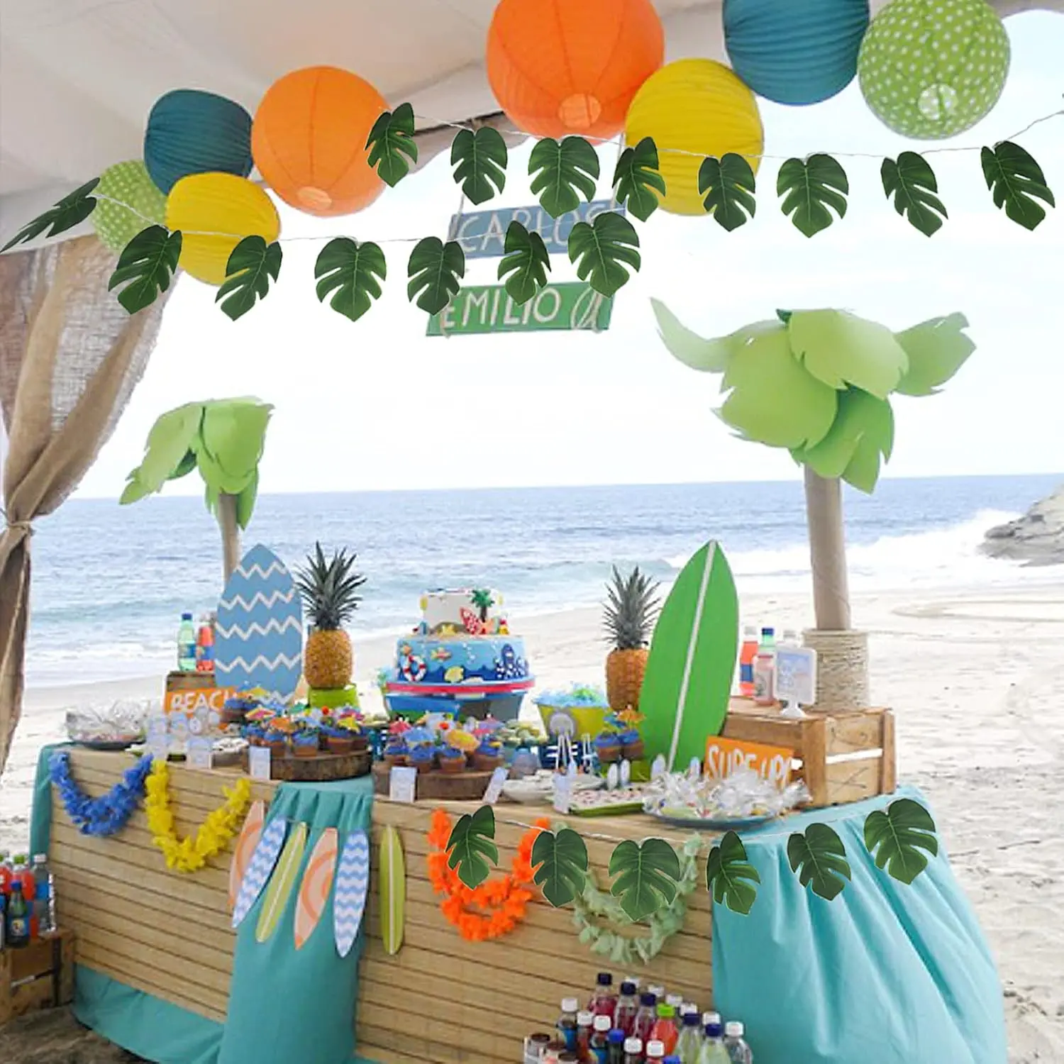 Monstera-Blatt-Lichterkette, tropische künstliche Rattan-Palme, grüne Blätter, Wandbehang, Weingrün, Party-Sommerdekoration – Detail 8